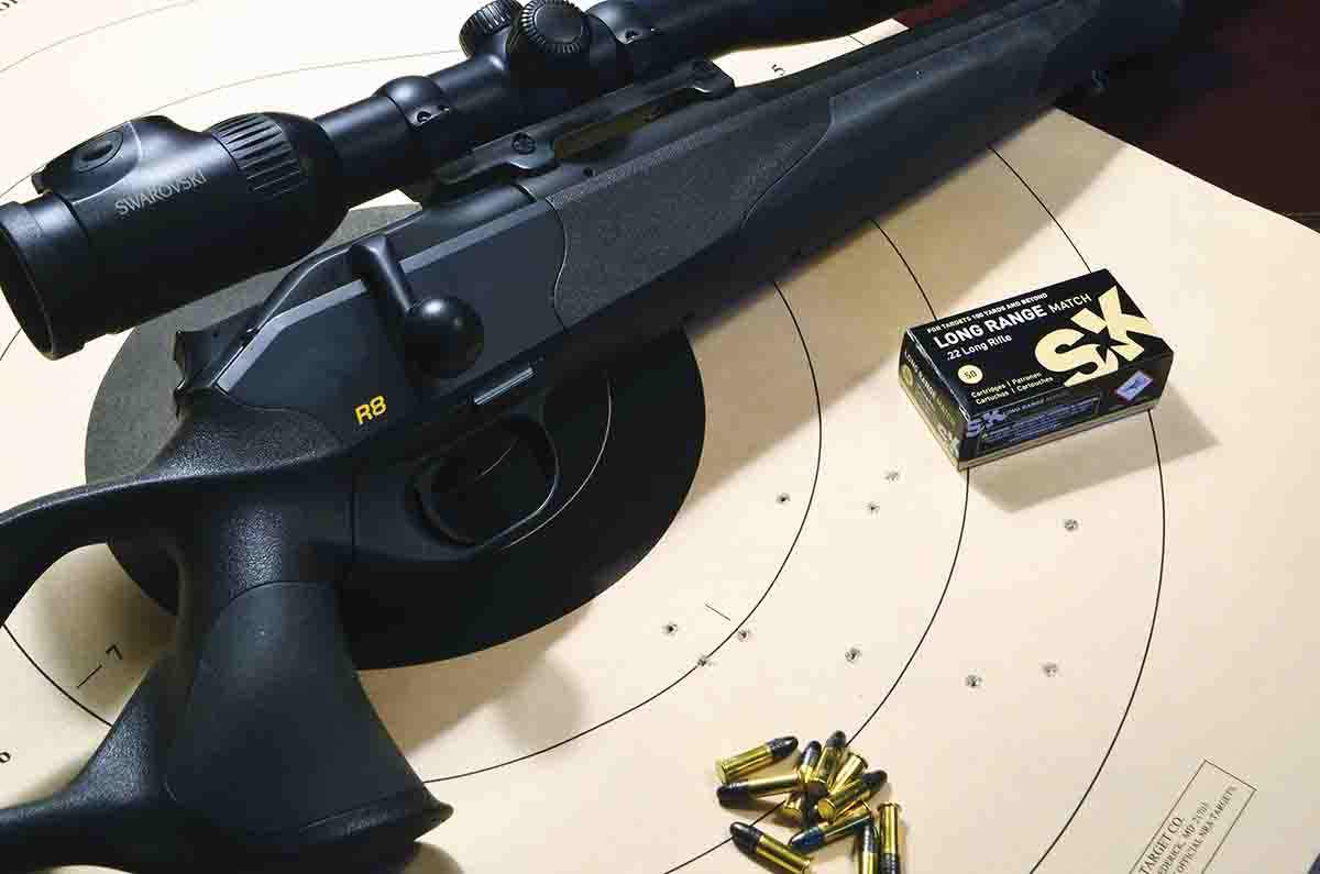 Blaser R8 with the new 22 RF barrel and a Swarovski Z6i 2.5-15x 44mm P HD scope. The 200-yard, 10-shot group with SK Long Range Match ammunition measures 5.25 inches. A little scope adjustment could put all its shots in the black – or most of them, anyway.